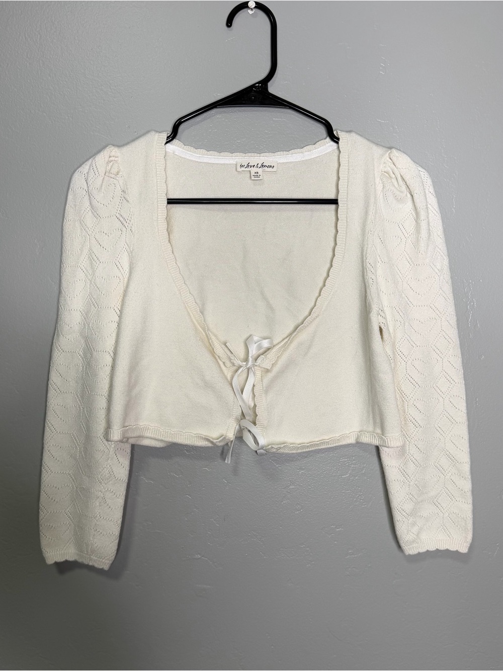 For Love & Lemons cropped tie-front cardigan delicate pointelle heart-pattern XS